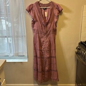 GAP Mauve Valentines Midi Dress Ruffle Sleeves PM